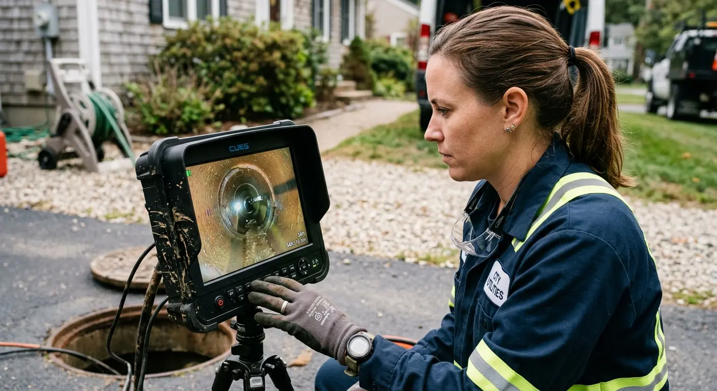 Technician reviewing sewer camera inspection footage in McKinney