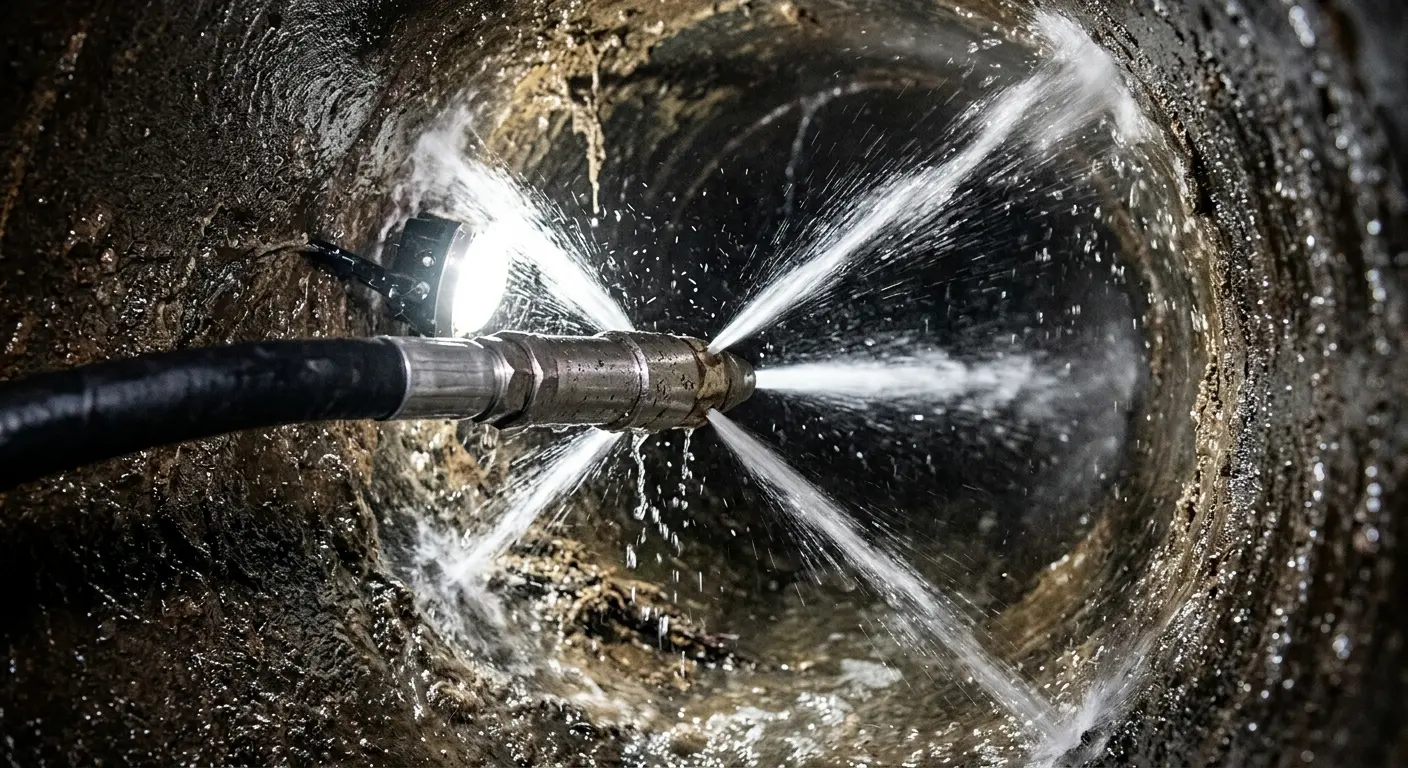 High-pressure hydro jetting nozzle cleaning sewer pipe for Sewer Cleanout in McKinney