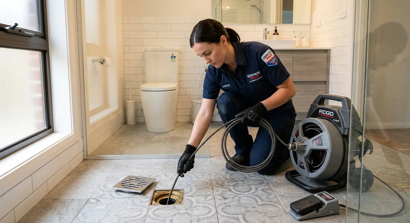 Technician clearing a bathroom floor drain for Hydro Jetting in McKinney